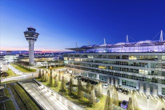 Tower and MAC Munich Airport Centre at the airport in Munich, Germany, Europe