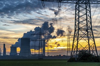 Lignite-fired power plant, RWE Power AG Niederaussem power plant, sunset, Bergheim, North