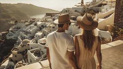 Young vacationing adult caucasian couple enjoying the view from santorini Greece, generatvie AI, AI