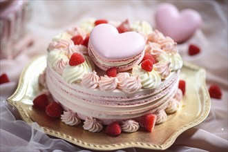 Romantic cream cake with large heart shaped french macaron on top. KI generiert, generiert, AI