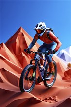 Olympic 2024 mountain biker metamorphosed into fluid abstract shapes french tricolor blue white