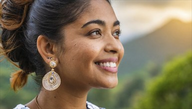 Portrait of a smiling woman with eye-catching earrings in warm evening light, AI generated, AI