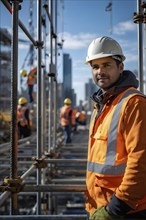 Portrait of a male construction worker with a white helmet, AI generated