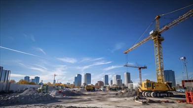 Panoramic View of a construction site with a crane, AI generated