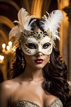 Young woman at venetian masquerade with ornate mask, AI generated