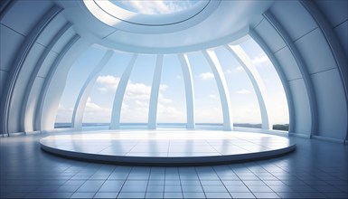 Three dimensional rendering of a futuristic empty room with skylights, AI generated