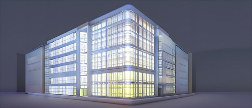 Three dimensional rendering of an illuminated modern high-rise office building, AI generated