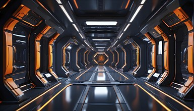 Three dimensional render of futuristic corridor inside a spaceship or space station, AI generated