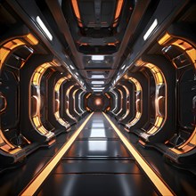 Three dimensional render of futuristic corridor inside a spaceship or space station, AI generated