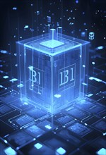 Three dimensional render of a blue glowing blockchain cube, AI generated