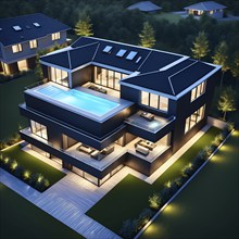 Three dimensional rendering of an illuminated modern ecological real estate residential house, AI