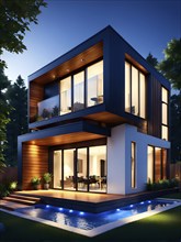 Three dimensional rendering of an illuminated modern ecological real estate residential house, AI