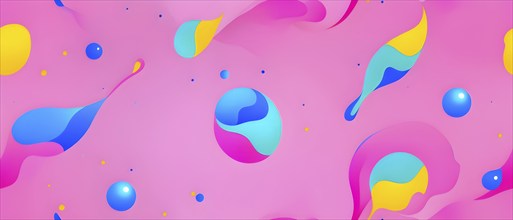 Abstract image with colorful yellow and turquoise blobs and liquid shapes on a pink background, AI