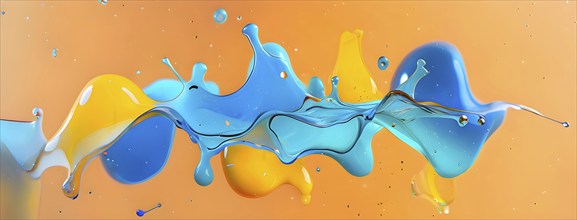 Abstract wallpaper with colorful turquoise and yellow blobs and liquid shapes on a orange