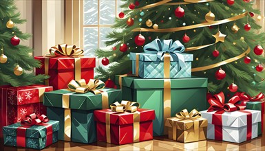 Abstract illustration of wrapped Christmas gifts, shiny ribbons and bows, stacked under a evergreen