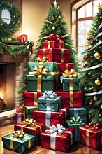 Abstract illustration of wrapped Christmas gifts, shiny ribbons and bows, stacked under a evergreen