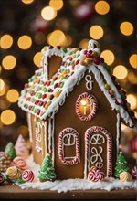 Gingerbread house decorations, focusing on the intricate icing details, colorful candy, and soft,