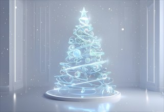 A three dimensional rendering of a futuristic Christmas tree made of glowing, semi-transparent