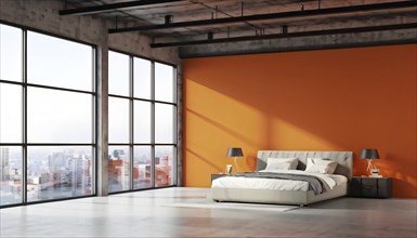 Three dimensional rendering of a with orange wall, AI generated