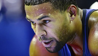 Portrait of sweating man after workout, AI generated