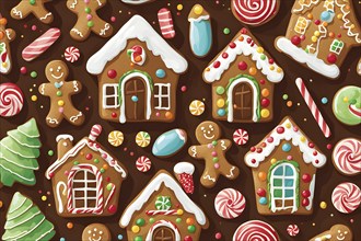 Abstract wallpaper illustration of of gingerbread house decoration, AI generated