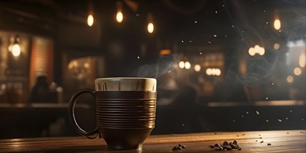 Coffee cup on a wooden table in a warmly lit cafe in blurred background, AI generated