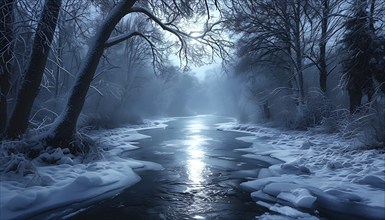 Serene winter night scene of a frozen river winding through a forest in moonlight, AI generated