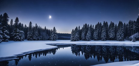 Tranquil winter night scene with a crescent moon and stars shining brightly over a frozen lake,