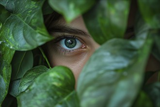 Close up of green eye of young woman between leaves of tropical houseplants. Generative Ai, AI