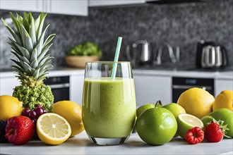 Smoothie surrounded by an assortment of fruits and vegetables, AI generated