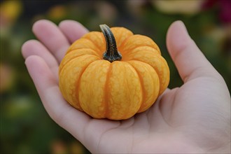 Hand holding small orange pumpkin. Genertaive Ai, AI generated