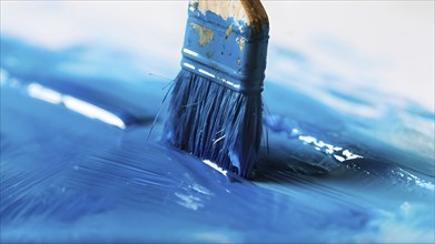 Thick paintbrush dipped in blue bristles dripping onto a white background, AI generated