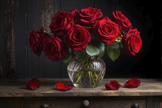 Vase of red roses aligned on an aged oak wood table, AI generated