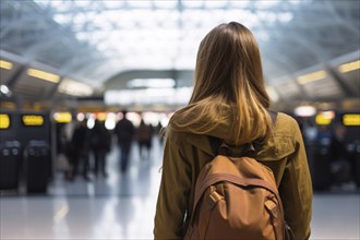 Back view of woman with backpack on trip at trains tation or airport. KI generiert, generiert, AI