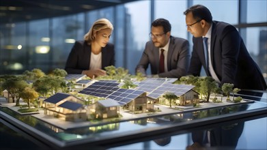 Business professionals engaged with a scale model of a modern solar park adjacent to miniature