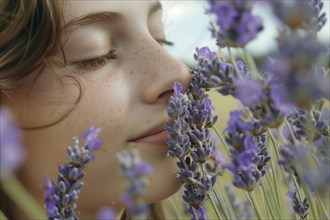 A woman savouring the scent of lavender flowers (Lavendula), AI generated, AI generated, AI