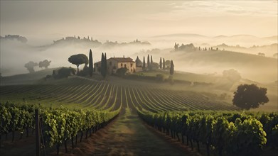 Fog covered vineyard landscape in sunrise, AI generated