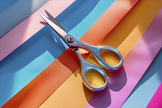 Scissors lying on colorful paper sheets. KI generiert, generiert, AI generated