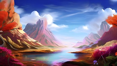 AI generated painting of a surreal landscape with mountains and a lake with digital brush strokes