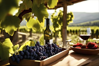 AI generated wine tasting table setup with wine and grapes nestled subtly amidst a thriving