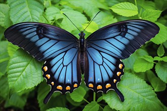 Beautiful stylized blue pipevine swallowtail butterfly on natural leaves environment, AI generated