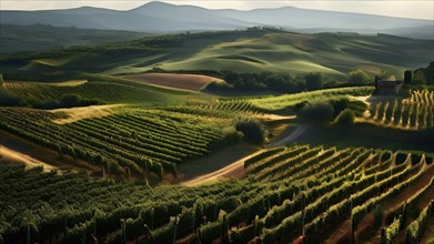 Aerial view of winding vineyard rows snake through rolling hills under atmospheric summer sun, AI