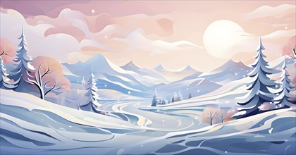 Christmas-themed abstract landscape with fluid, flowing lines representing snow-covered hills and