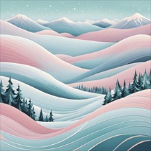 Christmas-themed abstract landscape with fluid, flowing lines representing snow-covered hills and