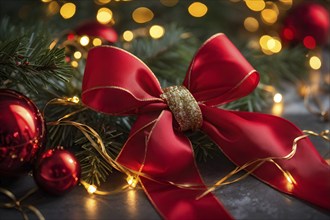 Christmas garland with gold and red ribbons intertwined with pine needles and tiny twinkling