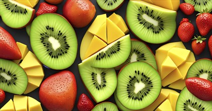 Colorful and artfully arranged slices of fruits like mangoes, strawberries, and kiwi, AI generated