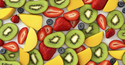 Colorful and artfully arranged slices of fruits like mangoes, strawberries, and kiwi, AI generated