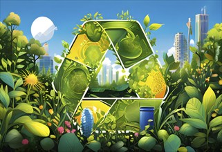 Recycling symbol morphing into growing plants and solar cells to symbolize the transformation of