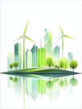 Abstract visual illustration of a city skyline where buildings morph into wind turbines and trees,