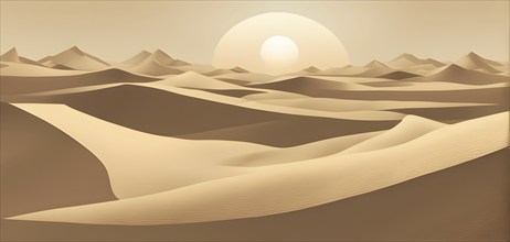 Abstract desert scene with triangular sand dunes and a single circular sun, using sharp lines and